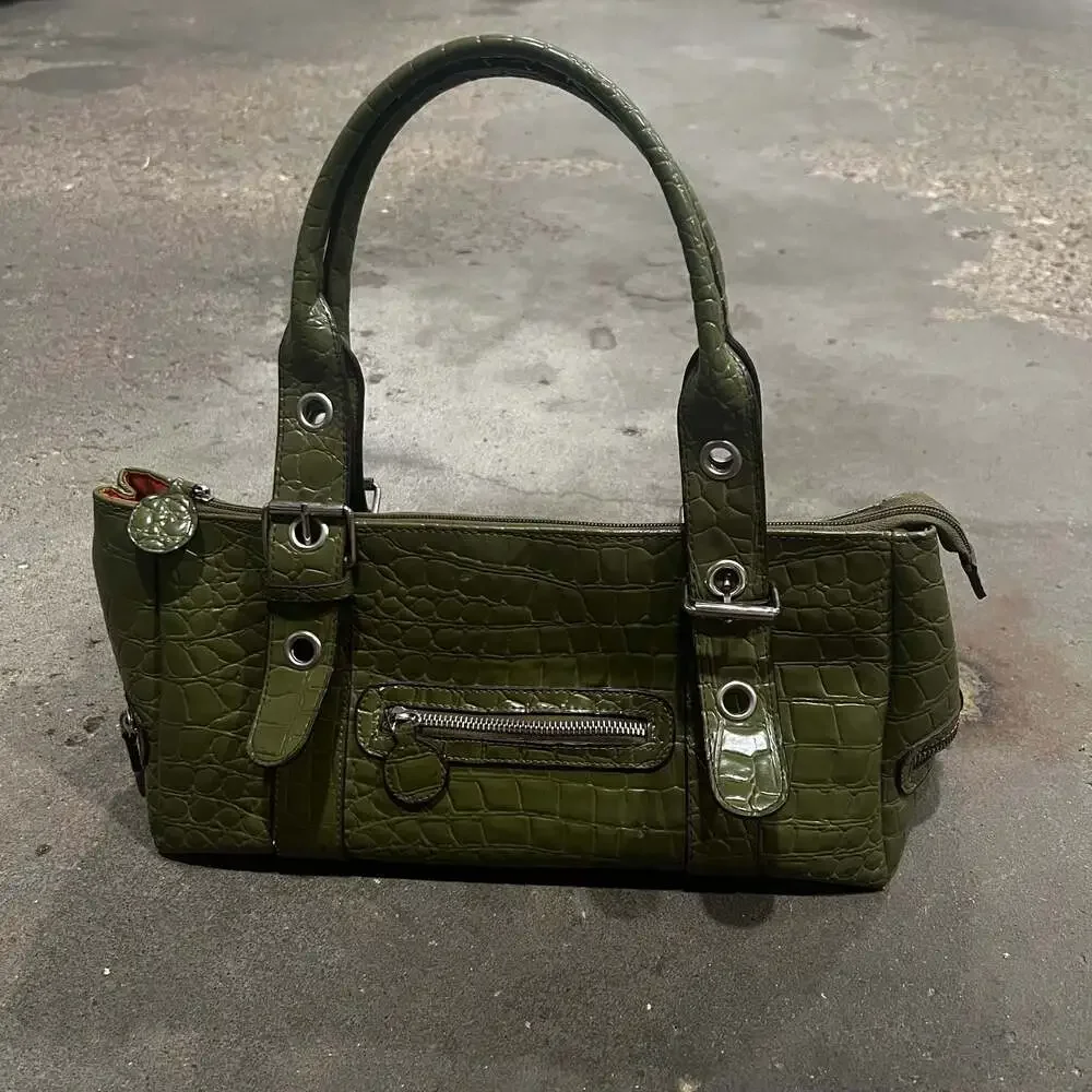 Green Y2K Faux Crocodile Embossed Satchel Handbag